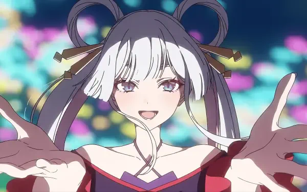 Anime Cosmic Princess Kaguya! 5K Ultra HD PC desktop wallpaper: smiling Kaguya with bi-colored twin tails, outstretched arms against a glowing cosmic bokeh background.