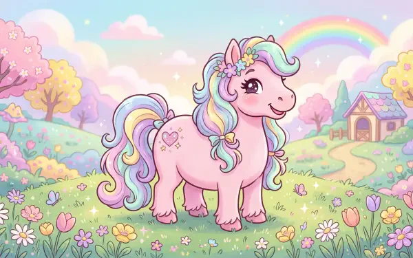 Cute pink pony with pastel rainbow mane standing in a flower-filled meadow under a rainbow, whimsical cottage and rolling hills — 5K Ultra HD PC desktop wallpaper/background.