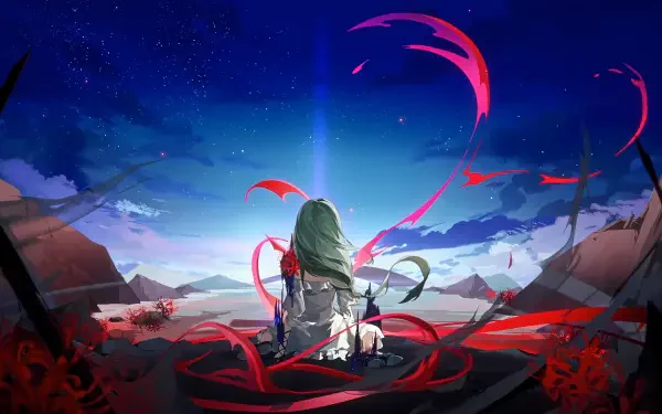 2K Quad HD PC desktop wallpaper of Phrolova from Wuthering Waves — sitting on a cliff overlooking a vast game landscape under a starry sky, red ribbons swirling around her.