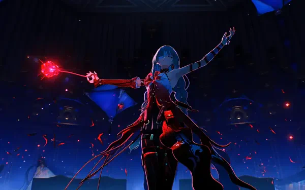 2K Quad HD desktop wallpaper of Phrolova from Wuthering Waves: a dark-clad video game girl wielding a glowing red orb, striking a dramatic pose.