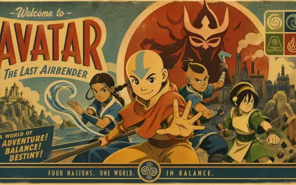 Avatar: The Last Airbender 4K Ultra HD PC desktop wallpaper — Aang, Katara, Sokka and Toph in a vintage-style poster with elemental motifs and a looming Fire Nation emblem.