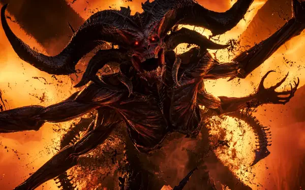 Diablo IV Lord of Hatred demon by Blizzard Entertainment: a towering, multi‑horned infernal beast wreathed in flames — 5K Ultra HD PC desktop wallpaper.