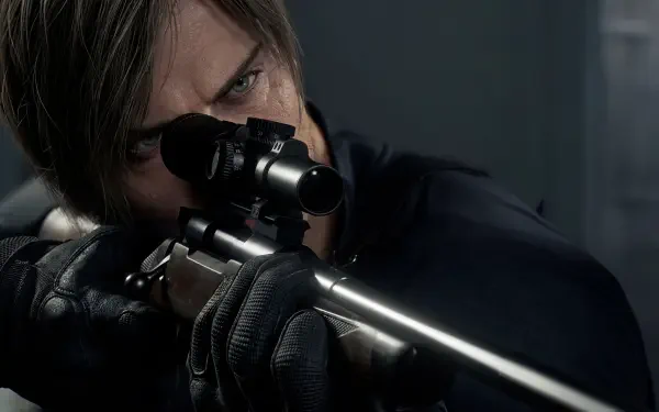 Leon S. Kennedy (Resident Evil Requiem, Capcom) aims a scoped rifle in dark, cinematic lighting — 5K Ultra HD PC desktop wallpaper background.