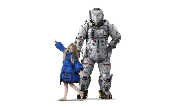 Pragmata 4K Ultra HD PC desktop wallpaper and background: barefoot girl in a blue coat pointing beside a towering armored space-suited guardian on white.