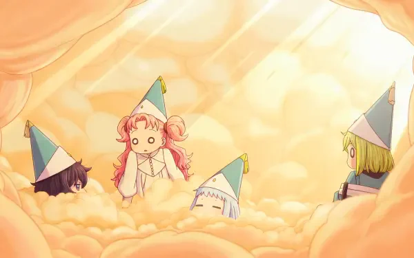 5K Ultra HD PC desktop wallpaper: cute Witch Hat Atelier scene — Coco and Agott Arklaum with fellow witches peeking from sunlit, cloudlike folds in fantasy anime style.