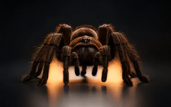 Close-up of a brown tarantula on a moody dark surface, presented as a 4K Ultra HD PC desktop wallpaper and background.
