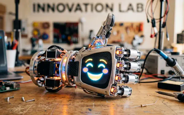 5K Ultra HD PC desktop wallpaper of a smiling robotic hand resting on a workshop bench in an innovation lab, colorful LEDs and tools softly blurred in the background.