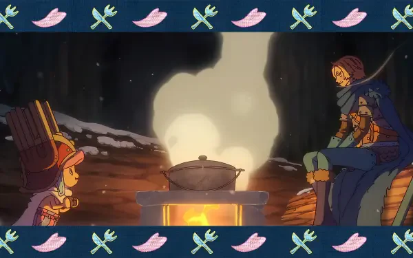 Anime 4K Ultra HD PC wallpaper — One Piece scene: Sanji and Tony Tony Chopper sit opposite each other sharing a steaming pot by a fire in a snowy cave.