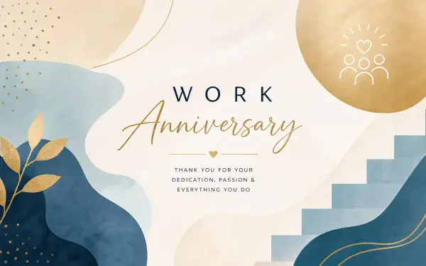 Work anniversary 4K Ultra HD PC desktop wallpaper background — elegant blue, cream and gold abstract design with Work Anniversary script, leaf accents, staircase motif and thank-you text.