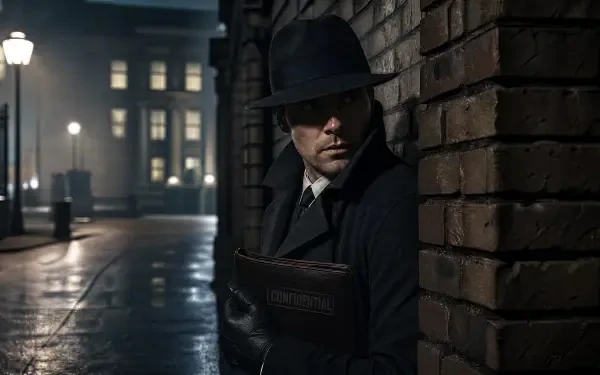 Shadowy spy in fedora and trench coat leans in a rain-slick brick alley, clutching a dossier — moody 4K Ultra HD PC desktop wallpaper and background.