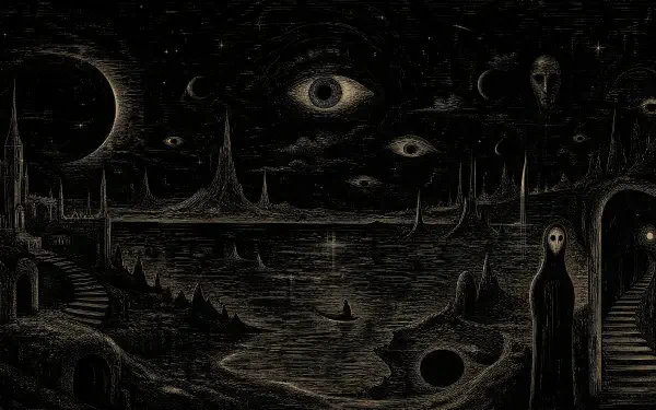 Dark surreal 4K Ultra HD PC desktop wallpaper and background: shadowy alien landscape with crescent moon, floating eyes in the sky, jagged spires, hooded figures and reflective pools.