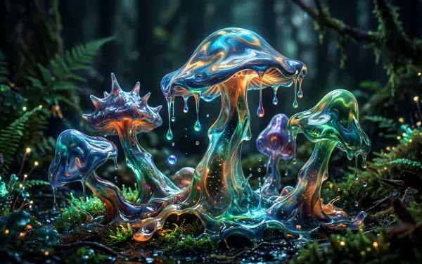 5K Ultra HD PC desktop wallpaper background of translucent, glassy fungi dripping glowing droplets amid moss in a misty, bioluminescent forest.