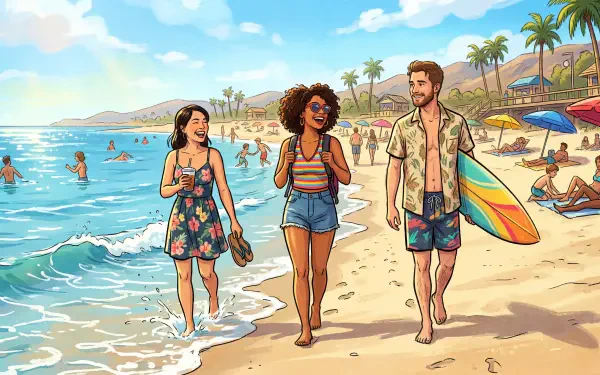 5K Ultra HD PC Desktop Wallpaper and Background: three friends strolling a sunlit beach on summer vacation with a surfboard, palm trees, colorful umbrellas and turquoise waves.