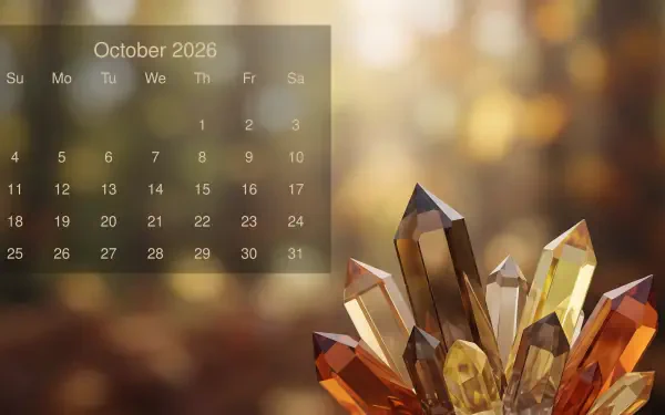 5K Ultra HD PC desktop wallpaper: amber crystal cluster and bokeh background with a translucent October 2026 Calendar overlay.
