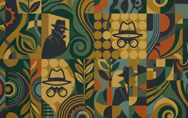Spy-themed 5K Ultra HD PC desktop wallpaper featuring geometric mosaic of fedora silhouettes, masked eyes, and swirling green, orange, gold patterns.
