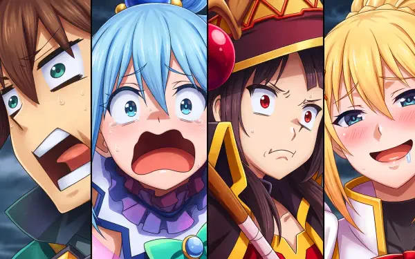 5K Ultra HD anime desktop wallpaper of KonoSuba — God’s blessing on this wonderful world!! showing Kazuma Satou, Aqua, Megumin and a blonde companion in four expressive close-up panels.