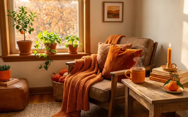 Sunlit reading nook in orange aesthetic: armchair with rust blanket, pillows, potted plants, mug and candle on a wooden table — 5K Ultra HD PC desktop wallpaper.