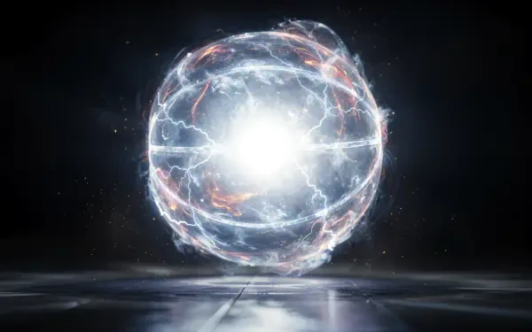 Glowing electric energy orb with lightning arcs and luminous core hovering above a reflective surface — 4K Ultra HD PC desktop wallpaper and background.