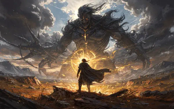 4K Ultra HD PC desktop wallpaper: a lone cloaked hero faces a towering shadow titan under stormy skies and golden light, a dramatic scene evoking courage.
