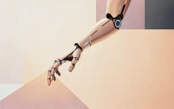 Cybernetic arm reaching over pastel geometric planes, minimalist sci‑fi 4K Ultra HD PC desktop wallpaper and background.