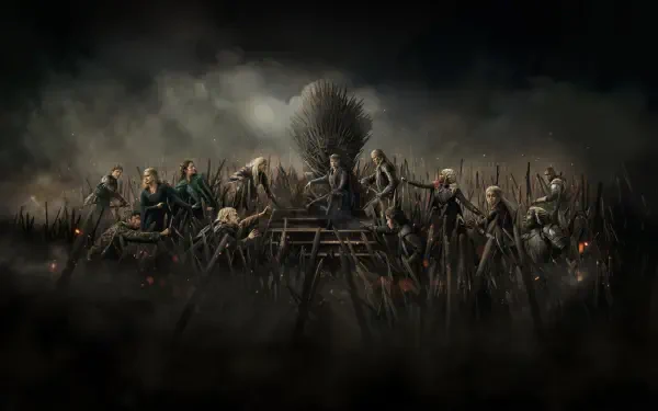 House of the Dragon 4K Ultra HD PC desktop wallpaper: dark, smoky tableau of armored Targaryen figures and warriors assembled before a jagged iron throne.