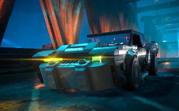 4K Ultra HD PC desktop wallpaper and background of a Lego Batmobile speeding through neon, rain-soaked streets — video game art from Lego Batman: Legacy of the Dark Knight.