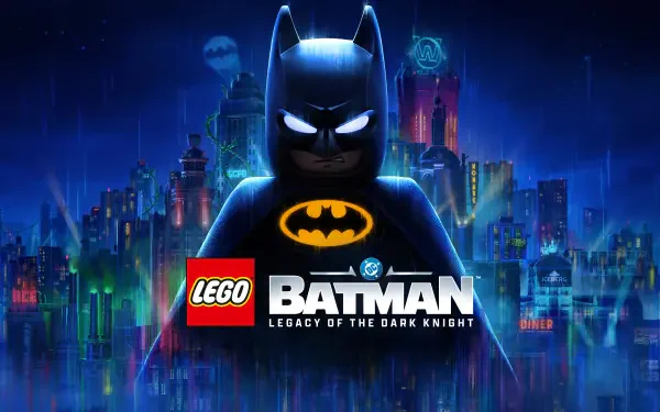 LEGO Batman: Legacy of the Dark Knight video game 8K Ultra HD PC wallpaper — brooding LEGO Batman in foreground with neon-lit Gotham skyline and game logo below.