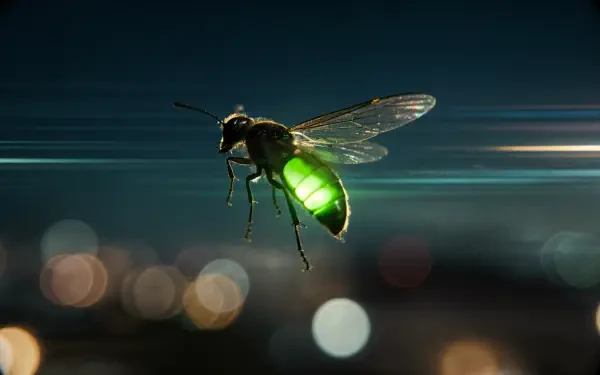 Close-up of a glowing green firefly (bug) in flight over blurred city lights — 4K Ultra HD PC desktop wallpaper/background.