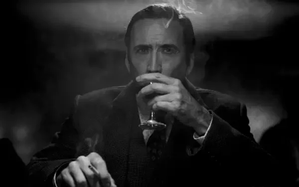Black-and-white 2K Quad HD PC wallpaper for TV show Spider-Man Noir (2026): brooding trench‑coated figure in a smoky bar, sipping a drink under heavy, dramatic lighting.