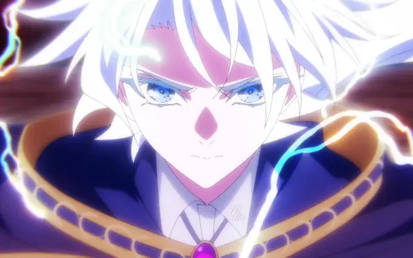 HD anime desktop wallpaper of Will Serfort from Wistoria: Wand and Sword — white-haired mage with piercing blue eyes, cloak and crackling lightning effects