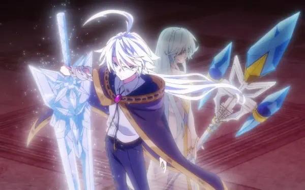 HD PC anime wallpaper from Wistoria: Wand and Sword — Will Serfort stands forward with Elfaria Alvis Serholt behind, both wielding glowing crystal-like weapons.