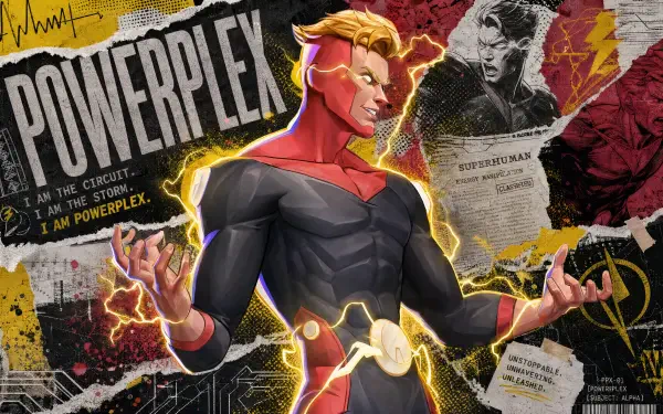 Powerplex 4K Ultra HD PC desktop wallpaper and background: comic-style superhero in red-black suit crackling with yellow lightning, newspaper collage and bold POWERPLEX typography.