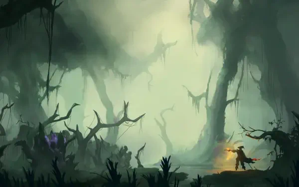 Windrose video game 2K Quad HD PC desktop wallpaper/background: misty, twisted forest silhouettes, lone explorer with torch confronting a shadowy creature amid glowing foliage.