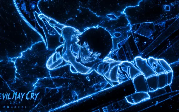 Devil May Cry (2025) 4K Ultra HD PC wallpaper: neon-blue, electric outline of a leaping protagonist brandishing a sword against a shattered, stormy backdrop.