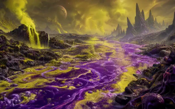 4K Ultra HD PC Desktop Wallpaper and Background: surreal alien landscape with a purple river winding through rocky terrain, neon yellow-green sky, jagged spires and distant moons.