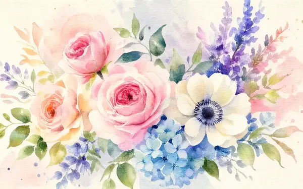 Watercolor floral bouquet of pink roses, blue hydrangea, a white anemone and lavender sprigs on a pastel wash — 4K Ultra HD PC desktop wallpaper and background.