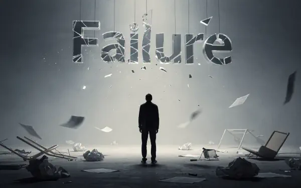 HD PC desktop wallpaper background: solitary silhouetted figure in a ruined room beneath a shattered Failure sign, conveying depression and desolation.