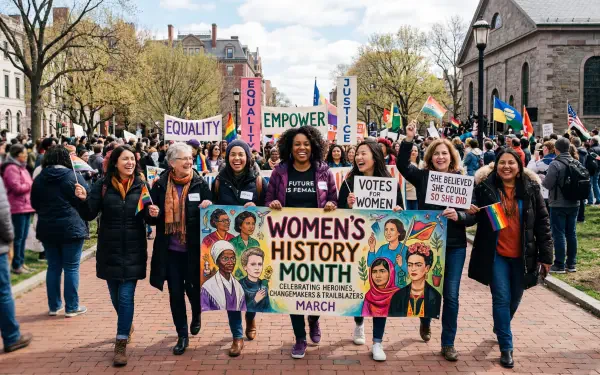 5K Ultra HD PC desktop wallpaper/background celebrating Women's History Month: diverse marchers carry a large banner and colorful signs reading Equality, Empower, and Votes for Women.