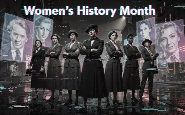 Women's History Month 4K Ultra HD PC desktop wallpaper of a black-and-white group of women in period attire standing united in a neon-lit city with oversized billboard portraits.
