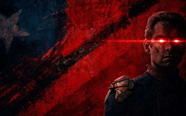 Homelander with glowing red eyes firing a laser over a torn American flag, dark dramatic 4K Ultra HD PC desktop wallpaper background.