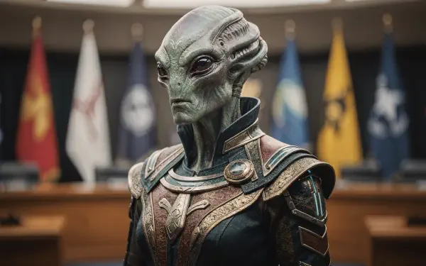 4K Ultra HD PC desktop wallpaper: stoic alien diplomat in ornate ceremonial armor stands in a council chamber, flags and a curved bench forming a formal background.