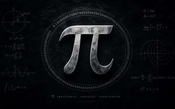 4K Ultra HD PC desktop wallpaper: metallic π symbol centered on a dark chalkboard background, encircled by digits of pi and scattered mathematical formulas.
