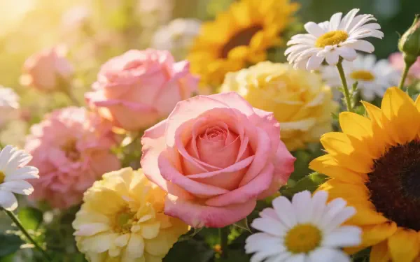 4K Ultra HD PC desktop wallpaper and background: summer floral nature scene with a pink rose, sunflowers, daisies and golden blooms bathed in warm sunlight.