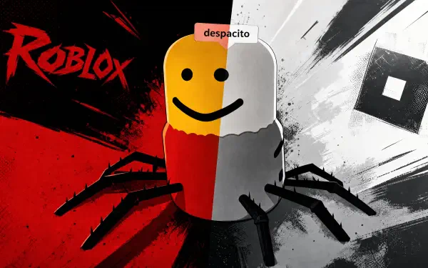 Roblox 4K Ultra HD PC desktop wallpaper and background: half-red, half-white blocky mascot with a smiling face and spider-like legs on a gritty red and gray split backdrop with Roblox logo.
