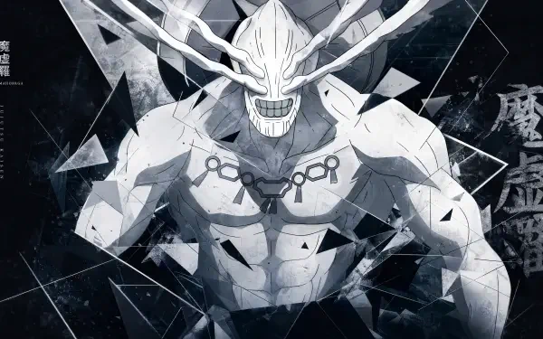 Mahoraga (Jujutsu Kaisen): towering masked, horned, muscular demon with chains and shattered-glass effects in monochrome — 4K Ultra HD PC desktop wallpaper and background.