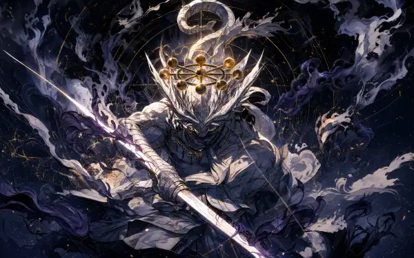 Mahoraga (Jujutsu Kaisen) brandishing a spear beneath a horned crown, engulfed in swirling dark energy — 4K Ultra HD PC desktop wallpaper and background.