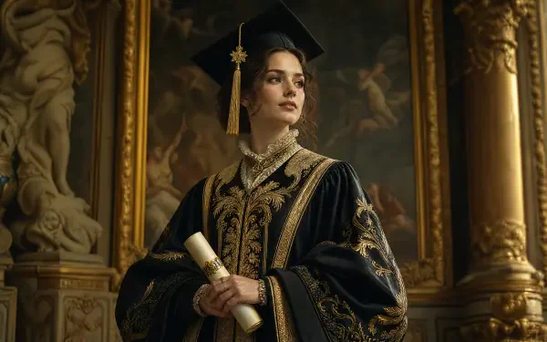 Regal graduate in ornate cap and gown holding a diploma before a gilded classical hall — 4K Ultra HD PC desktop wallpaper/background.