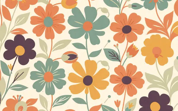 Retro floral pattern of muted orange, teal, yellow and purple blooms with green leaves on a cream background — 4K Ultra HD PC desktop wallpaper and background.