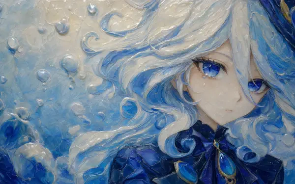 4K Ultra HD PC desktop wallpaper of Furina (Genshin Impact): close-up portrait with flowing white-blue hair, piercing blue eyes and shimmering water-bubble motifs.