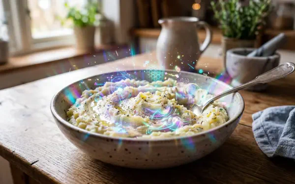 Close-up of creamy mashed potatoes garnished with herbs in a bowl on a wooden table with an iridescent sparkle overlay — 5K Ultra HD PC desktop wallpaper and background.